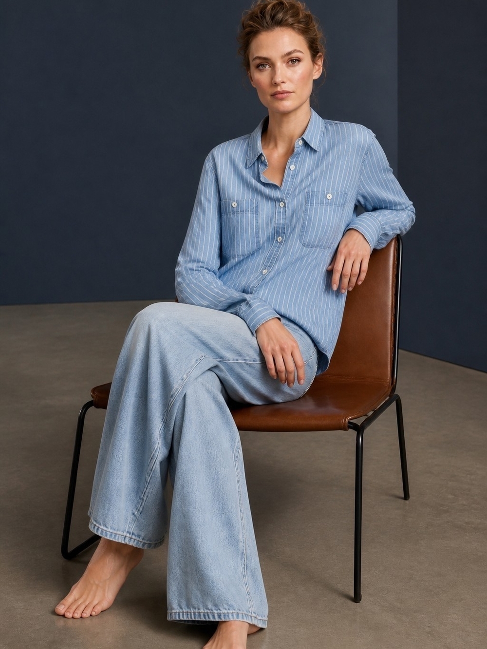 Madewell Unisex Long Sleeve Button Down Striped Chambray Work Shirt Large